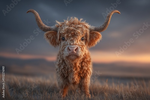 A breathtaking brown aurochs calf is situated in a lush meadow during sunrise