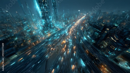 Futuristic city with autonomous vehicles navigating a 3D traffic network, featuring blue light patterns, holographic buildings, emerald data streams, and sleek cyberpunk style in 8K resolution.