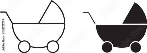 baby carriage, baby stroller, black and white, minimal, simple, line art, vector illustration geometric shapes, line art
