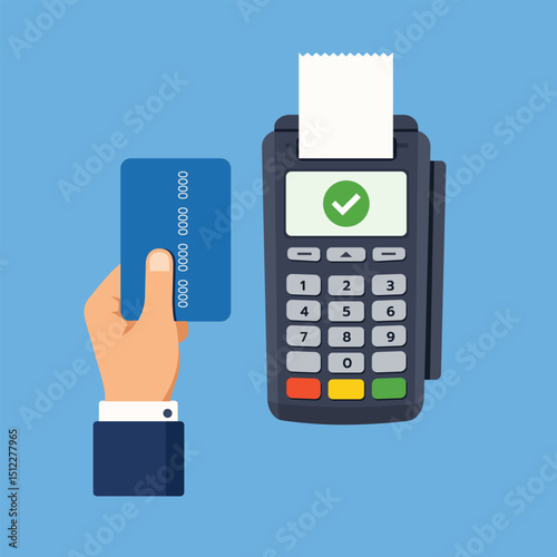 Hand holding credit card is about to make payment on card reader, symbolizing successful transaction
