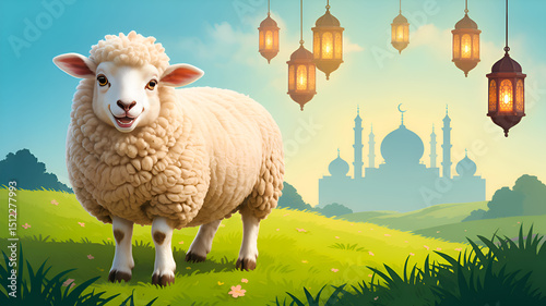 Eid al Adha Celebration with Sheep and Lanterns in a Serene Landscape Featuring a Mosque Silhouette in the Background