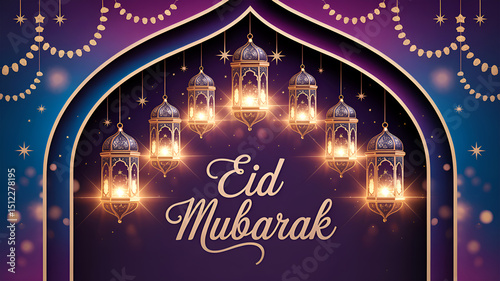 Eid Mubarak Celebration with Golden Lanterns and Stars in an Elegant Archway Against a Purple and Blue Gradient Background