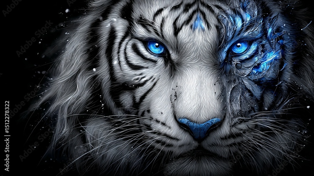 Obraz premium Encountering a majestic white tiger in its natural habitat through wildlife photography in a dark setting with a close-up view promotes conservation