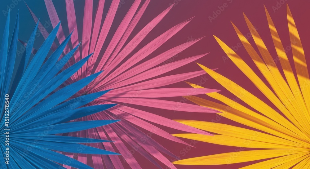 Fototapeta premium Vibrant tropical palm leaves in blue, pink, and yellow on colorful gradient background