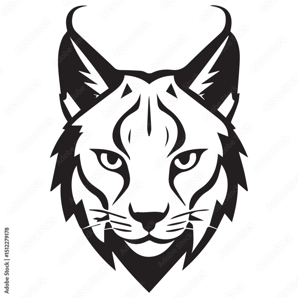 Fototapeta premium A stark monochrome image of a lynx face with sharp lines and triangular tufts centered on a white background