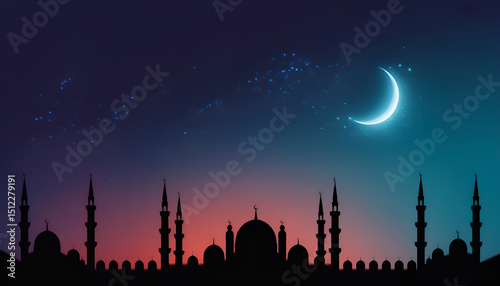 Silhouette of a Mosque at Night with a Crescent Moon and Stars a Peaceful and Serene Islamic Landscape Illustration