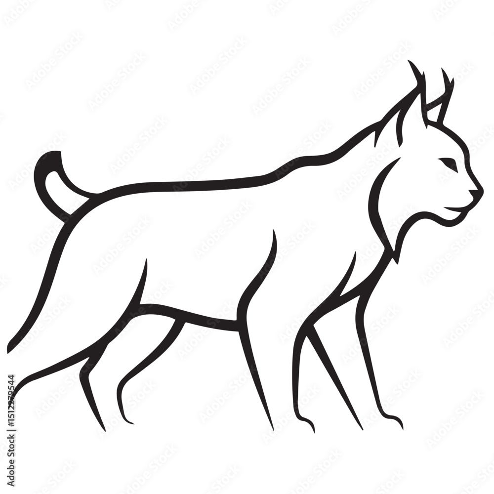 Obraz premium A stylized black and white drawing of a lynx facing right featuring a short tail and pointed ears