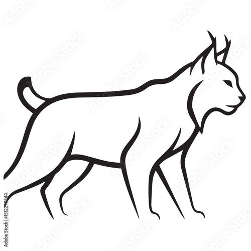 A stylized black and white drawing of a lynx facing right featuring a short tail and pointed ears