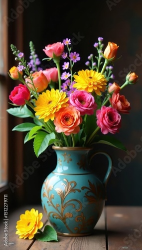 Wallpaper Mural Colorful mixed flowers in rustic ceramic jug, rustic setting , bouquet, spring Torontodigital.ca