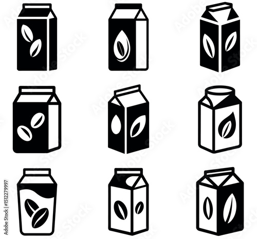 Beverage Carton Icon Set Plant-Based Milk Silhouettes