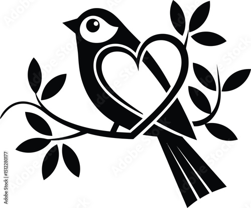 cute bird in branch with heart vector illustration designicon silhouette style