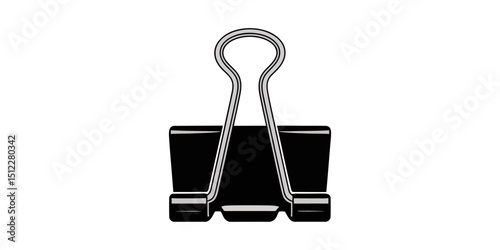 Simple black binder clip icon for holding paper together at work, paper clip icon sign vector, Graphic representation of a black binder clip on a white background, binder clip silhouette vector.