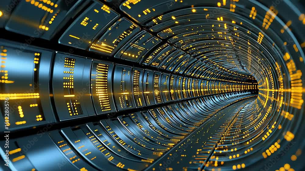 Curved sci fi tunnel filled with data lights
