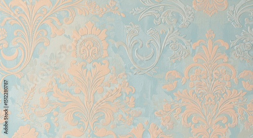 Light teal wallpaper with embossed, pale peach floral patterns