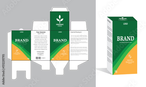 Modern product packaging design with branding, logo placement, and informative layout on a box template.
