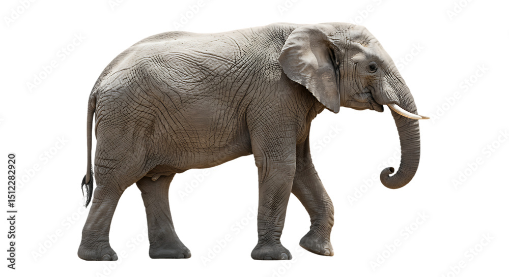 Fototapeta premium A stunning side view of a majestic elephant, with its tusks, walking isolated against a clean background.