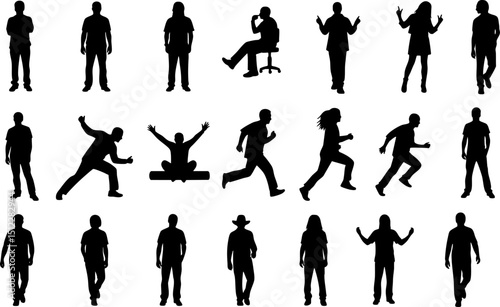 
A collection of simple black silhouette figures of people in various poses, including standing, sitting, running, and gesturing.