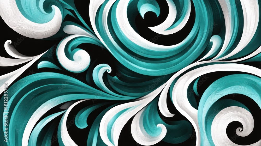 Fototapeta premium Abstract Teal and White Swirls on Black Background: A Digital Art Piece