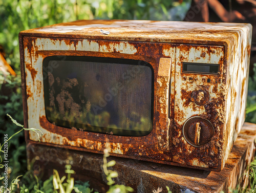 A close-up view reveals rusted microwave ovens, their peeling paint evidencing years of decay. Overgrown grass envelops them, symbolizing nature reclaiming discarded relics of modern life