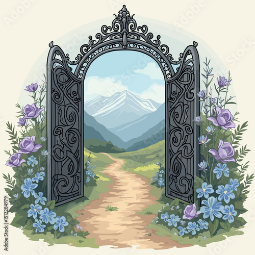 Ornate gate opening onto a scenic mountain path with wildflowers  