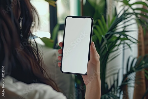 App Preview Over Shoulder of a Adult Woman Holding an Smartphone with a Fully White Screen