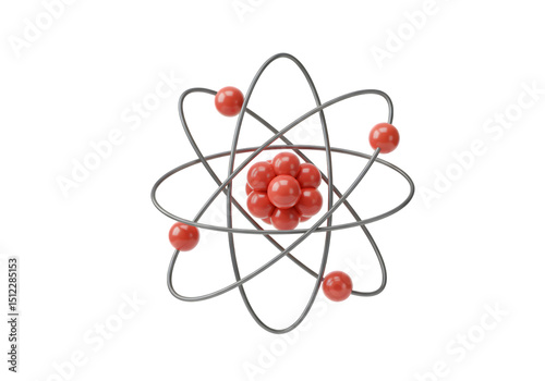 Dynamic 3D Atomic Structure with Red Particles and Orbiting Electrons Isolated on PNG Background.