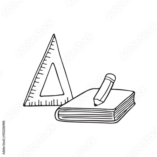 A triangle ruler resting next to a book on the table