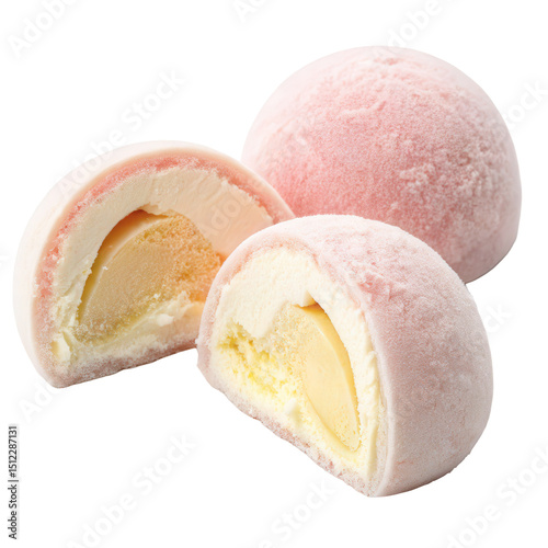 Pink mochi ice cream with a creamy filling, shown whole and sliced to reveal its layered interior, isolated white background