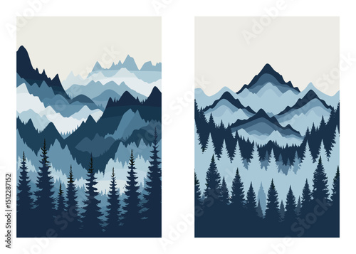 Blue Mountain Landscape Vector Illustration With Pine Tree Forest Scenery