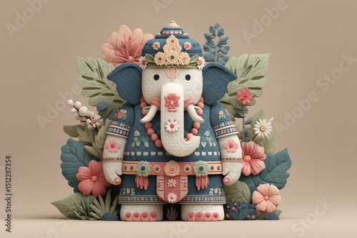 A vibrant illustration featuring an intricately designed elephant surrounded by lush foliage