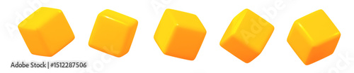 3d yellow cube symbol or icon with different angles. Geometry figure cube form. Stock vector illustration on isolated background.