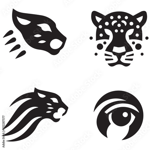Four stylized black and white animal designs on a plain background