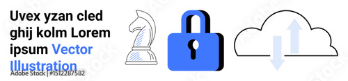 Knight chess piece, blue padlock, and cloud with arrows symbolize strategy, data security, and cloud synchronization. Ideal for corporate strategy, cybersecurity, data integration, cloud solutions