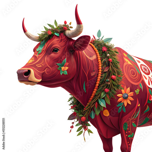 Festive Ox Adorned with Ornaments: A vibrant illustration of a red ox adorned with colorful floral patterns and decorative elements, exuding a sense of cultural richness and celebration.