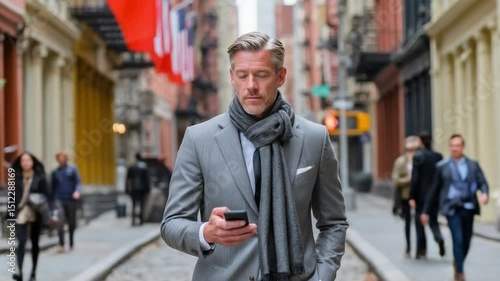 Wallpaper Mural Urban Elegance: A stylish man in a tailored suit walks down a city street while engrossed in his phone, epitomizing modern sophistication amidst a backdrop of architecture.  Torontodigital.ca