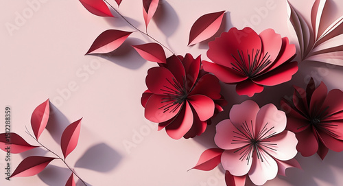 Paper-crafted red and pink flowers with shadows on pale pink background