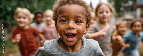 Joyful children race towards the camera, beaming with excitement on an outdoor adventure. A portrait of pure, unadulterated happiness.