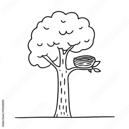 A tree with a bird nest on one branch