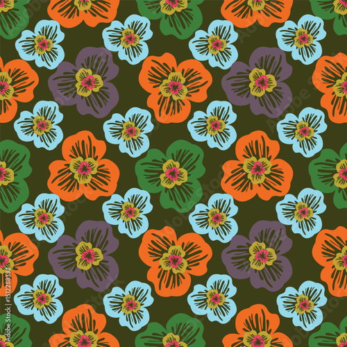 Cute seamless vector floral pattern. Endless print made of small purple and lilac flowers. Summer and spring motifs. Black background. Stock vector illustration.
