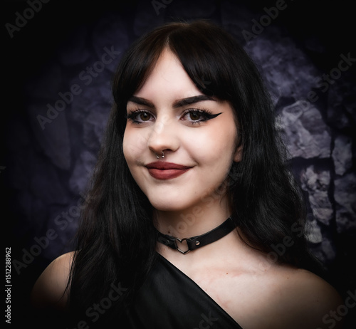 Photography portrait headshot of beautiful pretty goth girl smiling punk rock alternative go