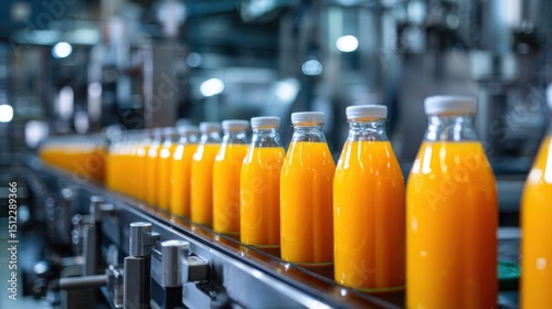 A 4K photo of row of orange juice bottles on a production line in a modern beverage factory with industrial machinery in the background.
