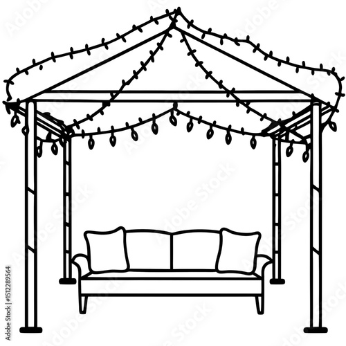 Minimal Pergola with Couch & Fairy Lights – Vector on White