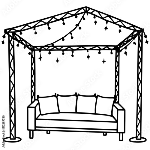 Minimal Pergola with Couch & Fairy Lights – Vector on White