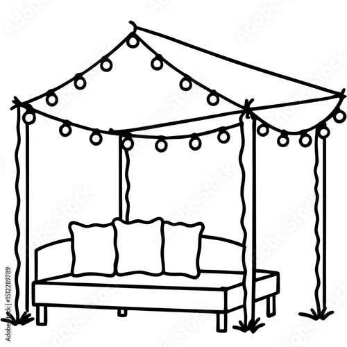 Minimal Pergola with Couch & Fairy Lights – Vector on White