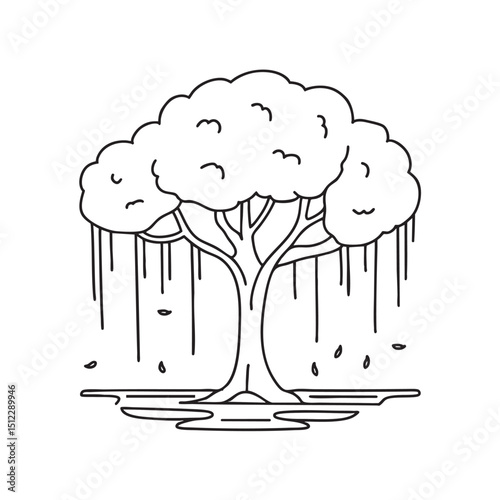 A tree with broad branches hanging low