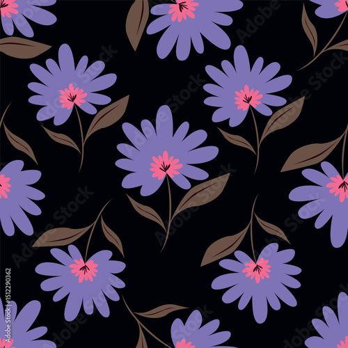 Cute seamless vector floral pattern. Endless print made of small purple and lilac flowers. Summer and spring motifs. Black background. Stock vector illustration.
