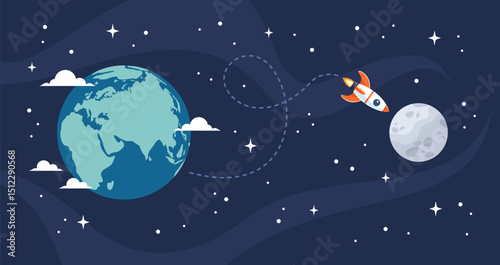 Space rocket flying from Earth to the Moon, vector illustration in flat style