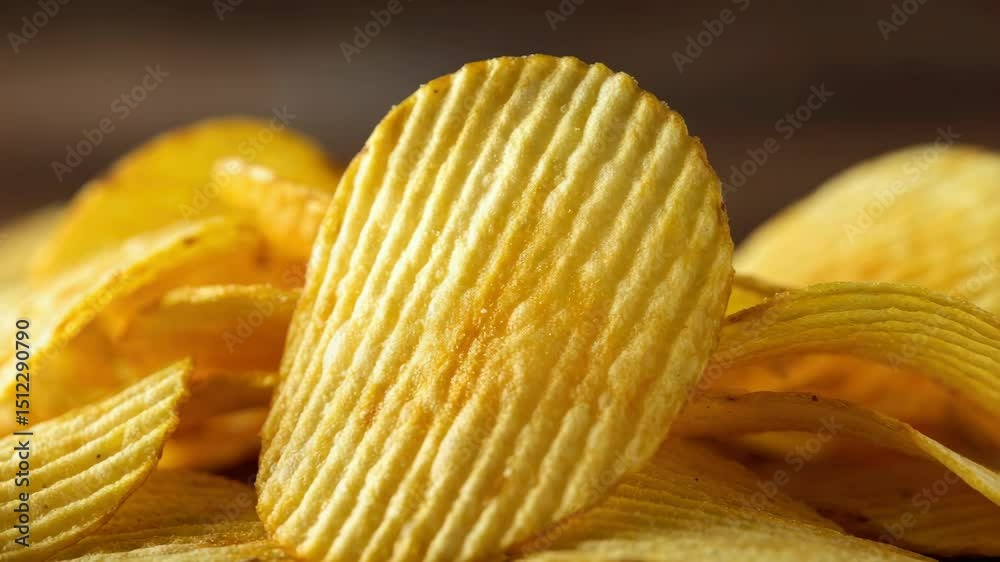Close-up of crispy ridged potato chips, perfect for snacking