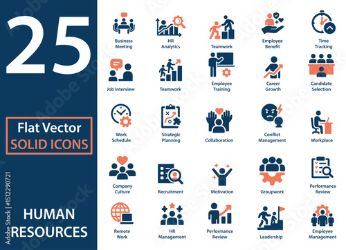 A Collection of Twenty-Five Flat Vector Solid Icons for Human Resources – Teamwork, Recruitment, Training, and More