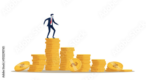 Businessman balancing on stack of coins symbolizing financial success and risk management